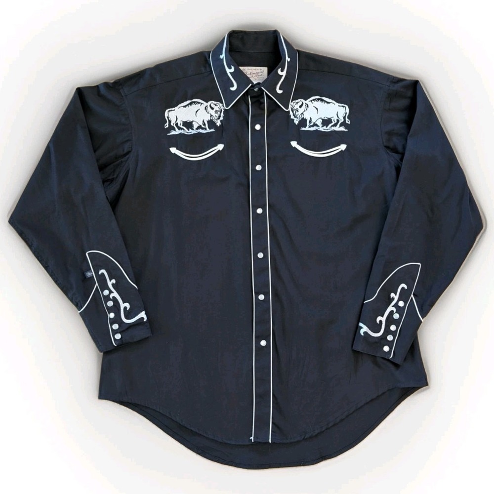 Vintage Rockmount Ranch Wear Pearl Snap Shirt Large Bison Bronc Embroidered USA